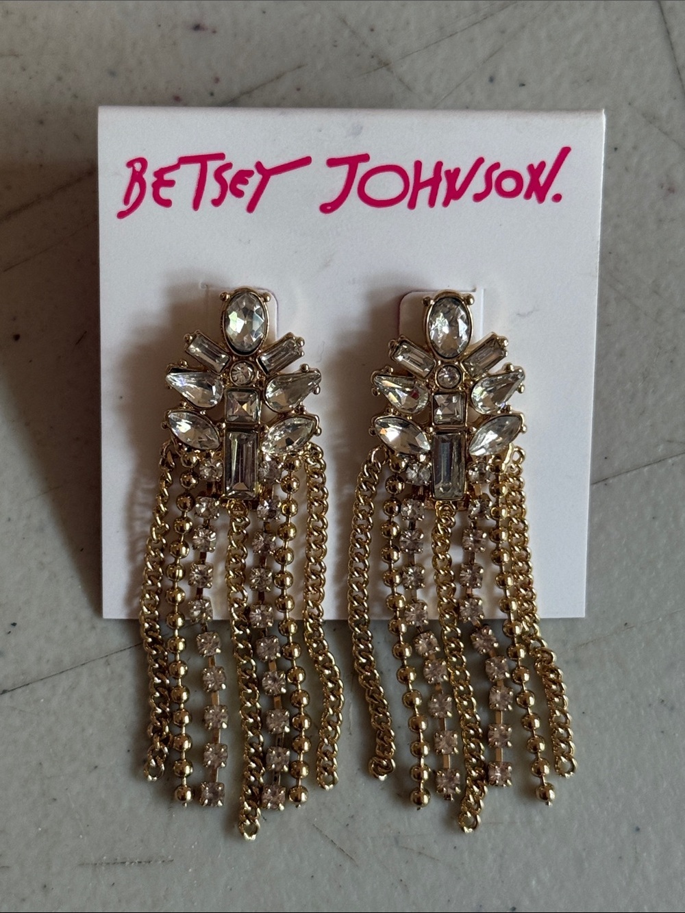 Betsey Johnson Gold Crystal Fringe Drop Earrings